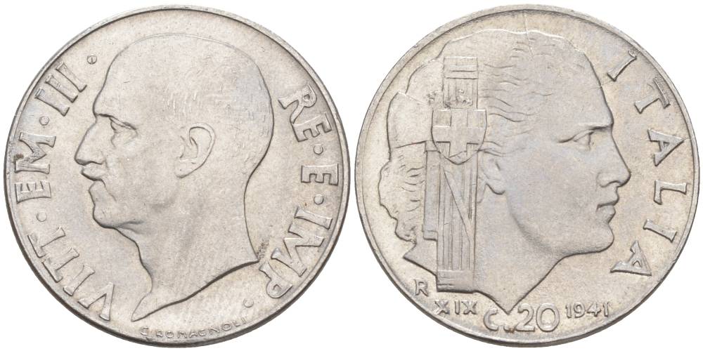 ИТАЛИЯ 20 ЧЕНТЕЗИМО 1941 R, ГОД XIX, ВИКТОР ЭММАНУИЛ III (1900-1946) KM 75b, VEM3. 1028 нержавеющая сталь 3853-1155
