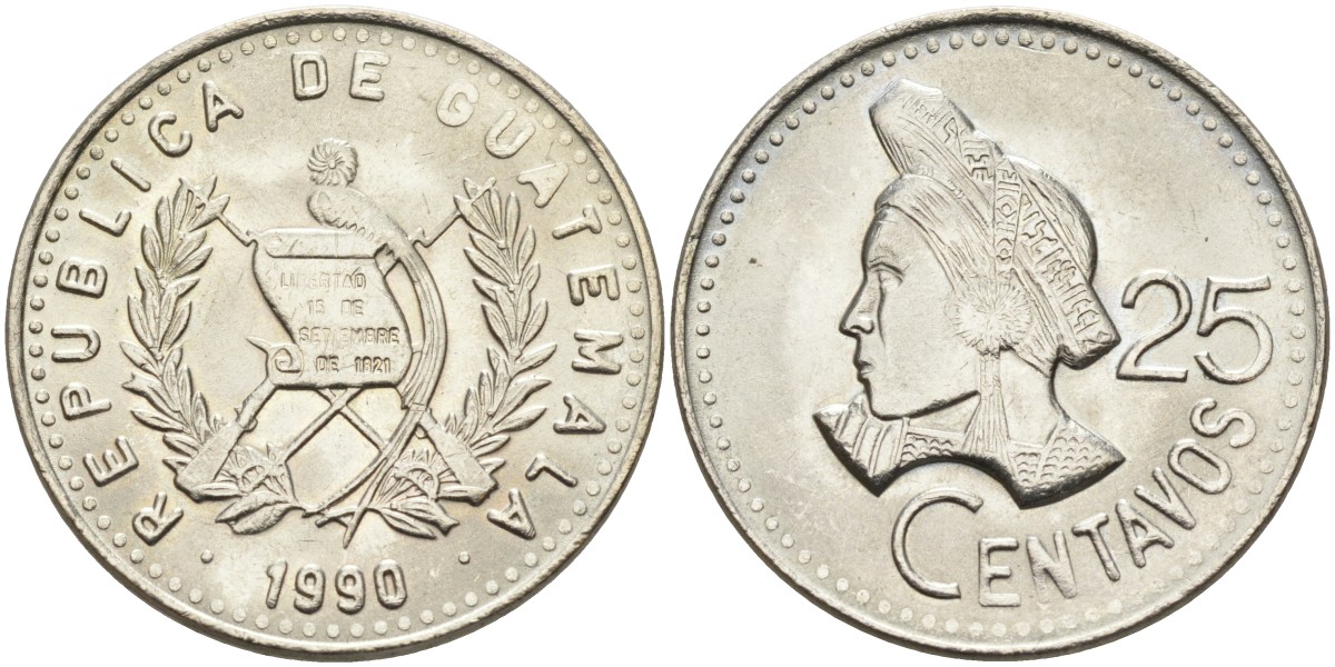 Гватемала 25 сентаво 1990 женская голова влево KM 278.5 медно-никель UNC 4367-723
