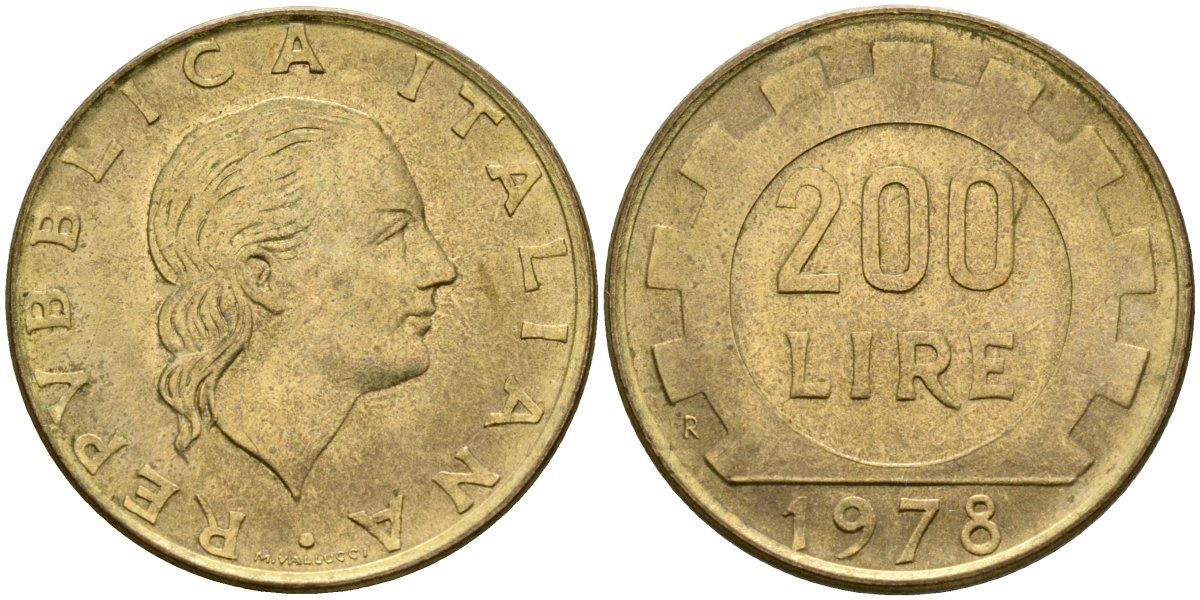 Италия 200 лир 1978 R, шестерня KM 105 алюминиевая бронза 4171-954