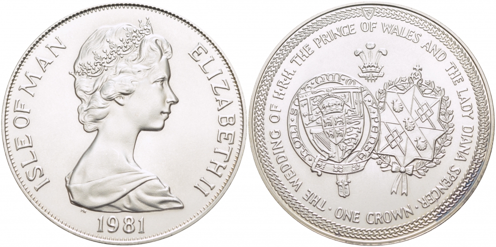 Остров Мэн 1 крона 1981 Королевская свадьба принца Чарльза и леди Дианы, гербы КМ 81a серебро UNC 1081-9-12