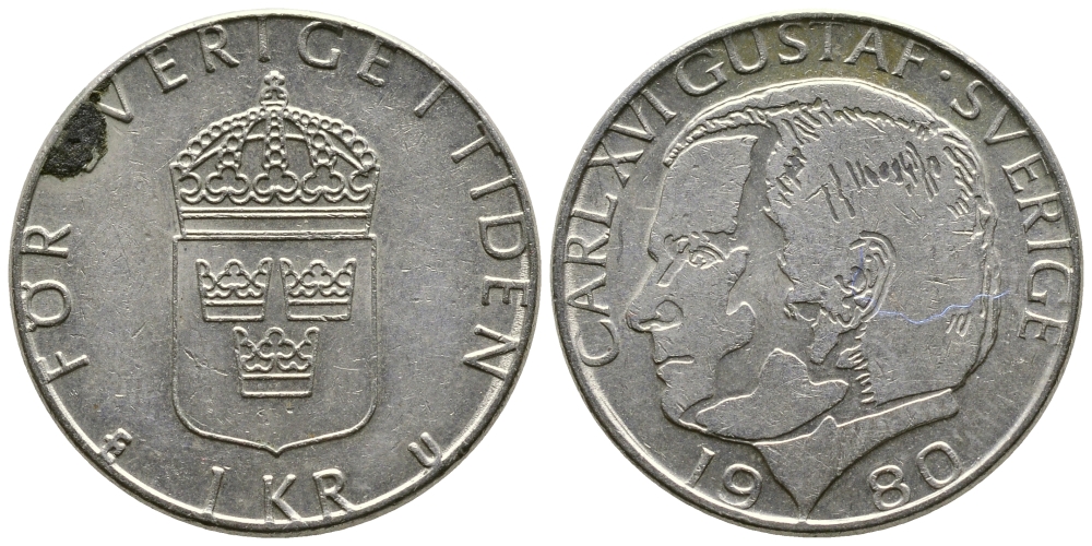 Швеция 1 крона 1980 Карл XVI Густав (1973- ) KM 852 медь плакированная медно-никелем 91-231