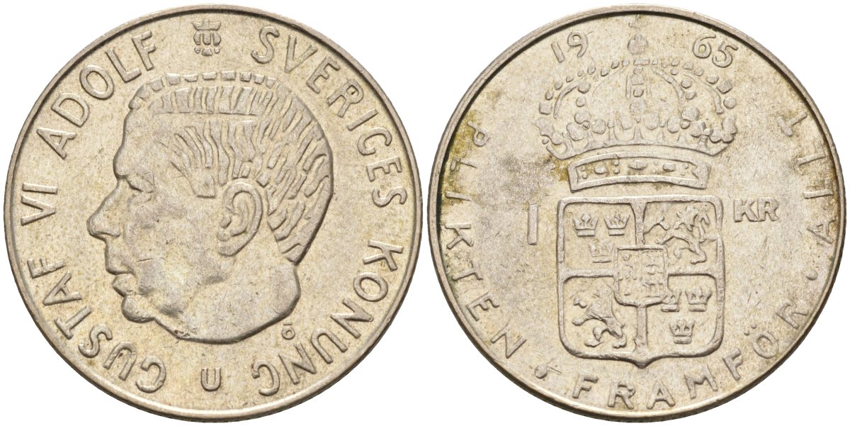 Швеция 1 крона 1965 U, Густав VI Адольф (1950-1973) KM 826 серебро 4582-433