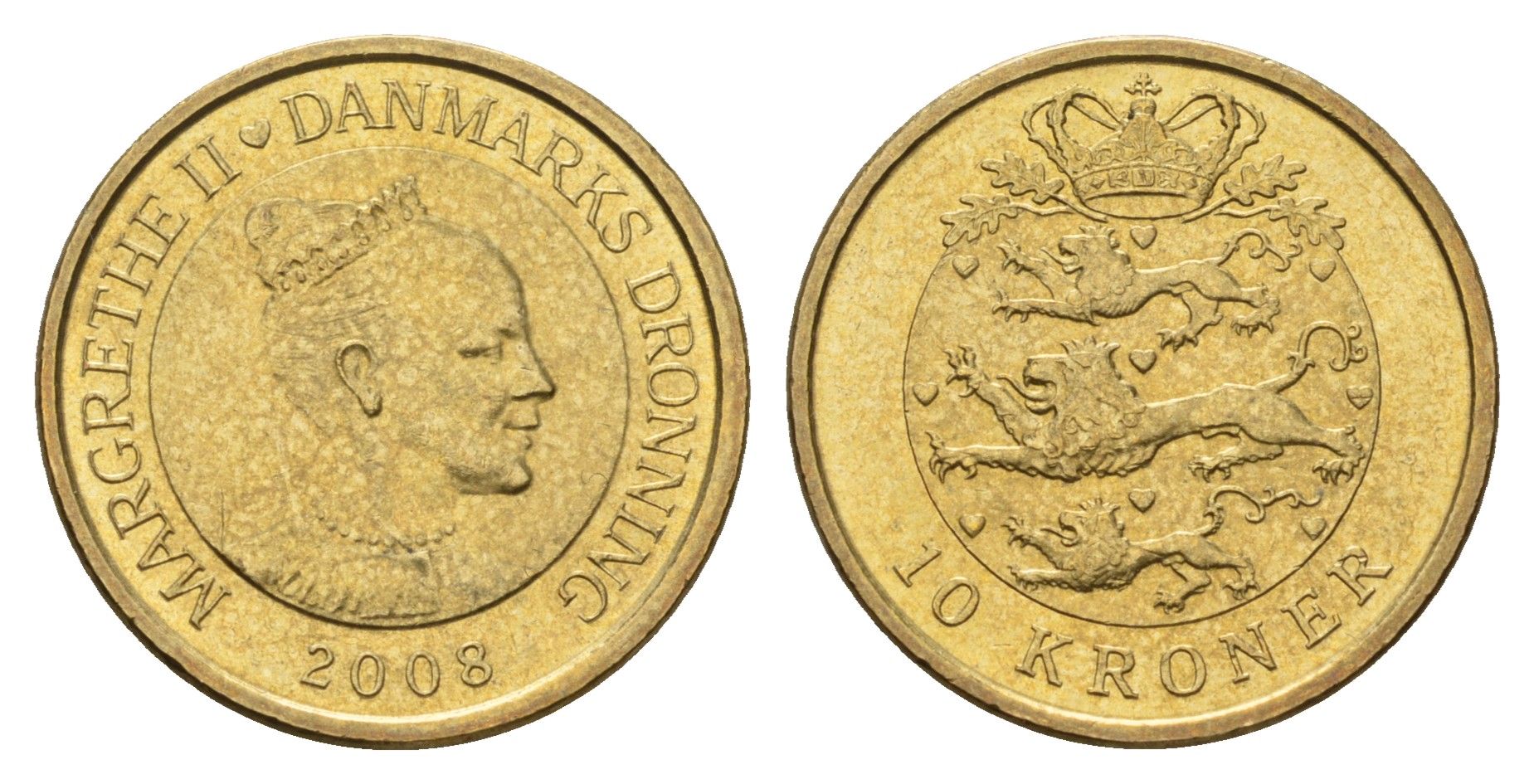 Дания 10 крон 2008 NR, Маргрете II (1972-2024) KM 896 алюминиевая бронза UNC 117-112