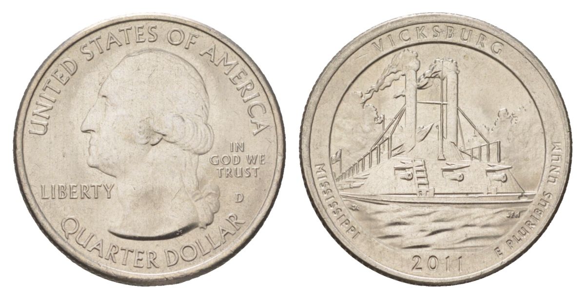 США 25 центов (квотер, 1/4 доллара) 2011 D, Квотеры «Парки США» - Национальный парк Виксбург KM 497 медь плакированный медно-никелем UNC 4629-226