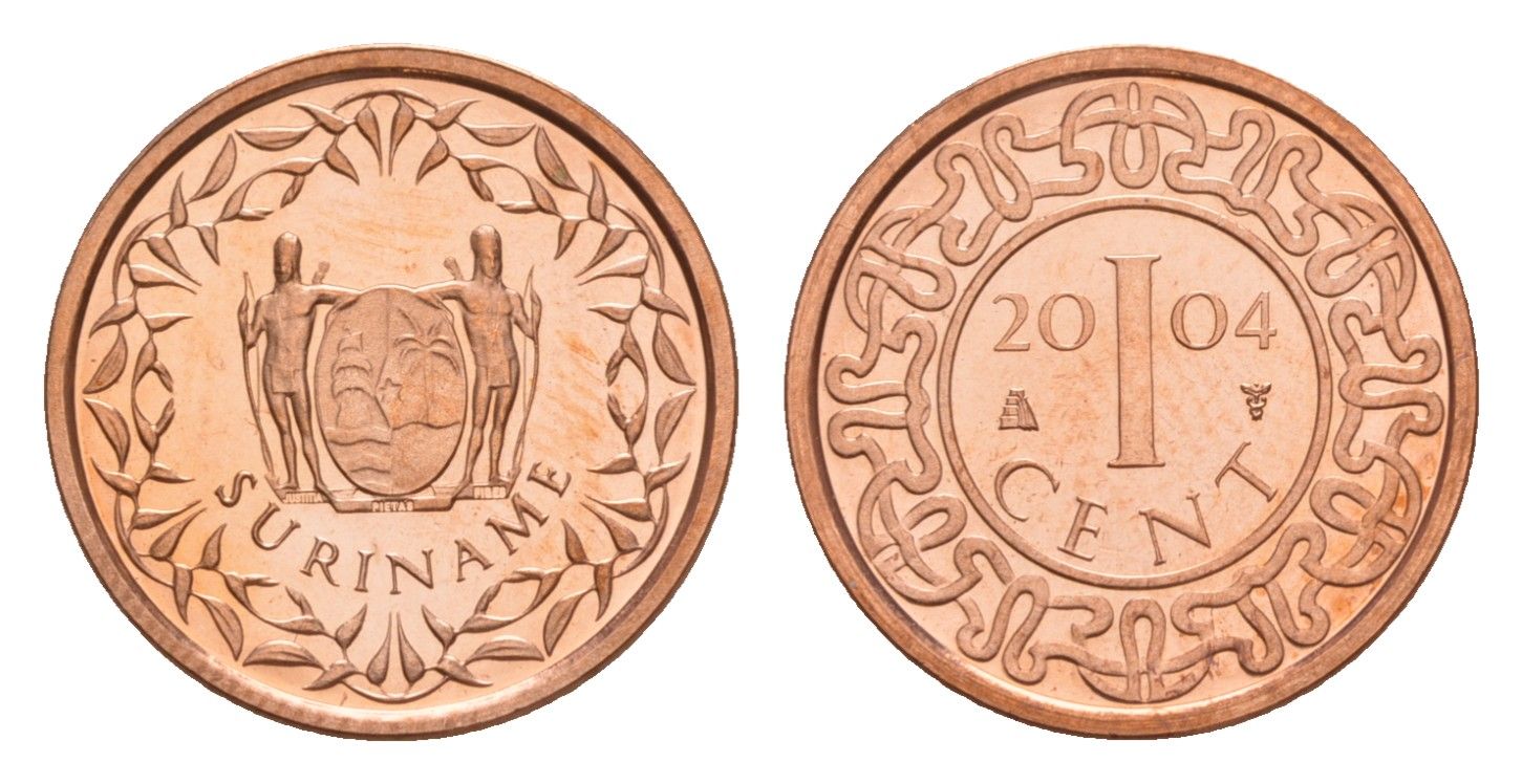 Суринам 1 цент 2004 тираж 4.000 экземпляров KM 11b сталь плакированная медью BU 4649-952