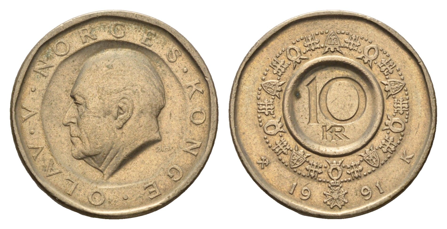 Норвегия 10 крон 1991 Улаф V (1957-1991) KM 427 никель латунь 190-1022