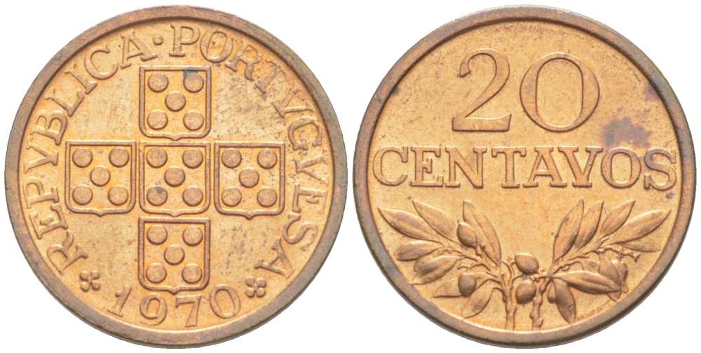ПОРТУГАЛИЯ 20 СЕНТАВО 1970 KM 595 бронза XF+ 4516-359