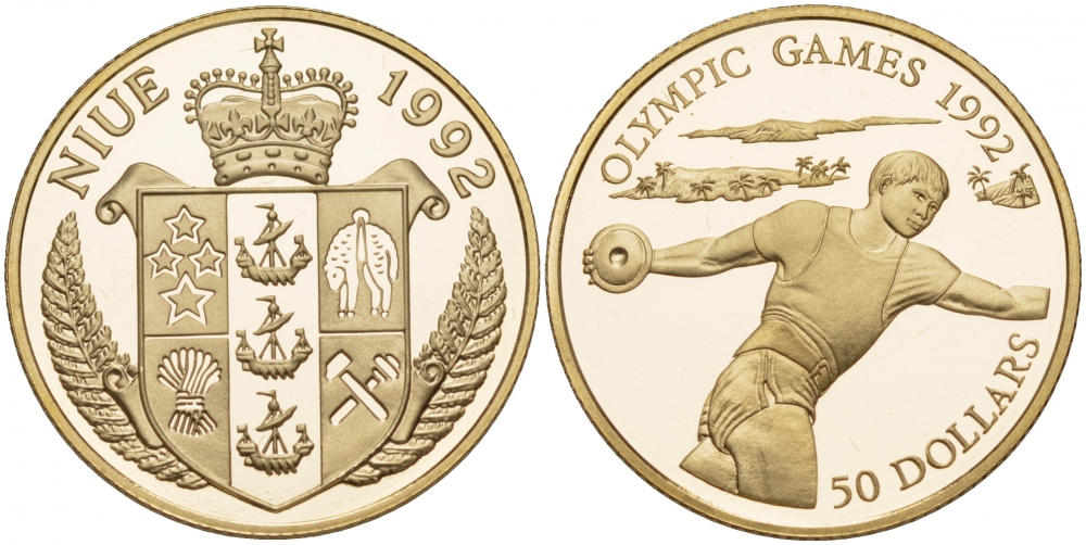 Ниуэ 50 долларов 1992 Олимпийские игры 1992 года, дискобол, тираж 6000 экз. KM 71 золото PROOF 00-808-12