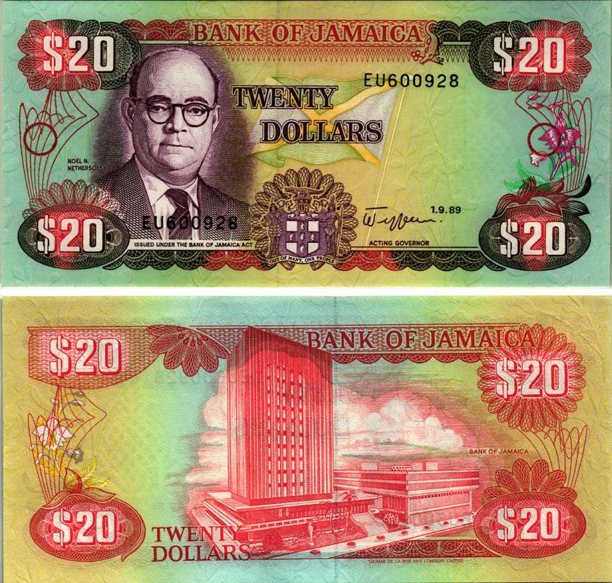 ЯМАЙКА 20 ДОЛЛАРОВ 1989 1 СЕНТЯБРЯ 1989, НОЕЛ НИТЕРЗОЛЕ, ЗДАНИЕ БАНКА ЯМАЙКИ, ПОДПИСЬ 9, TDLR Pick 72c бумага UNC (ПРЕСС) 7116-14-2-1