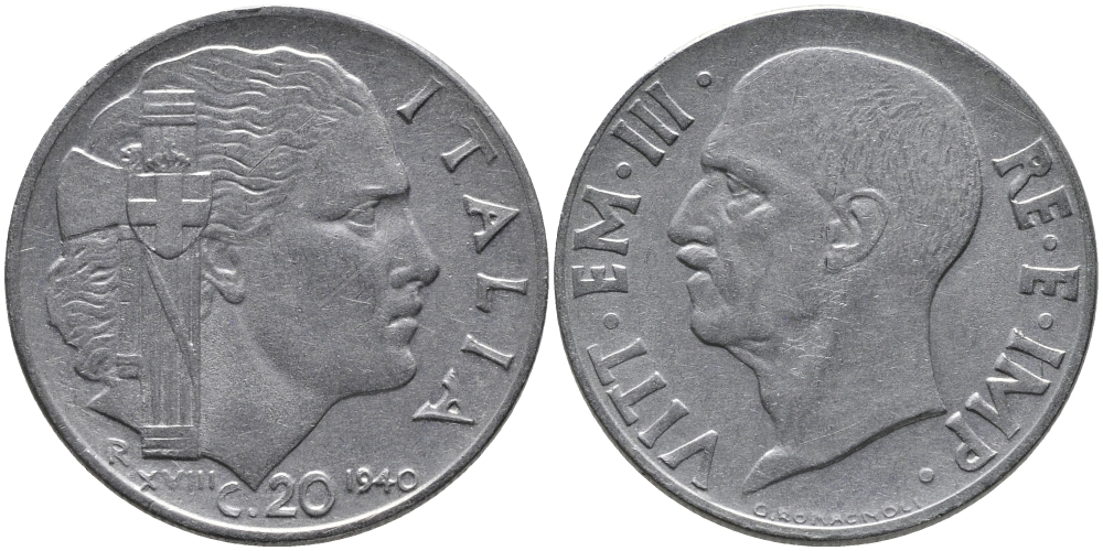 ИТАЛИЯ 20 ЧЕНТЕЗИМО 1940 R, ВИКТОР ИМАНУИЛ, XXII ГОД, МАГНИТНАЯ KM 75b нержавеющая сталь 86-725