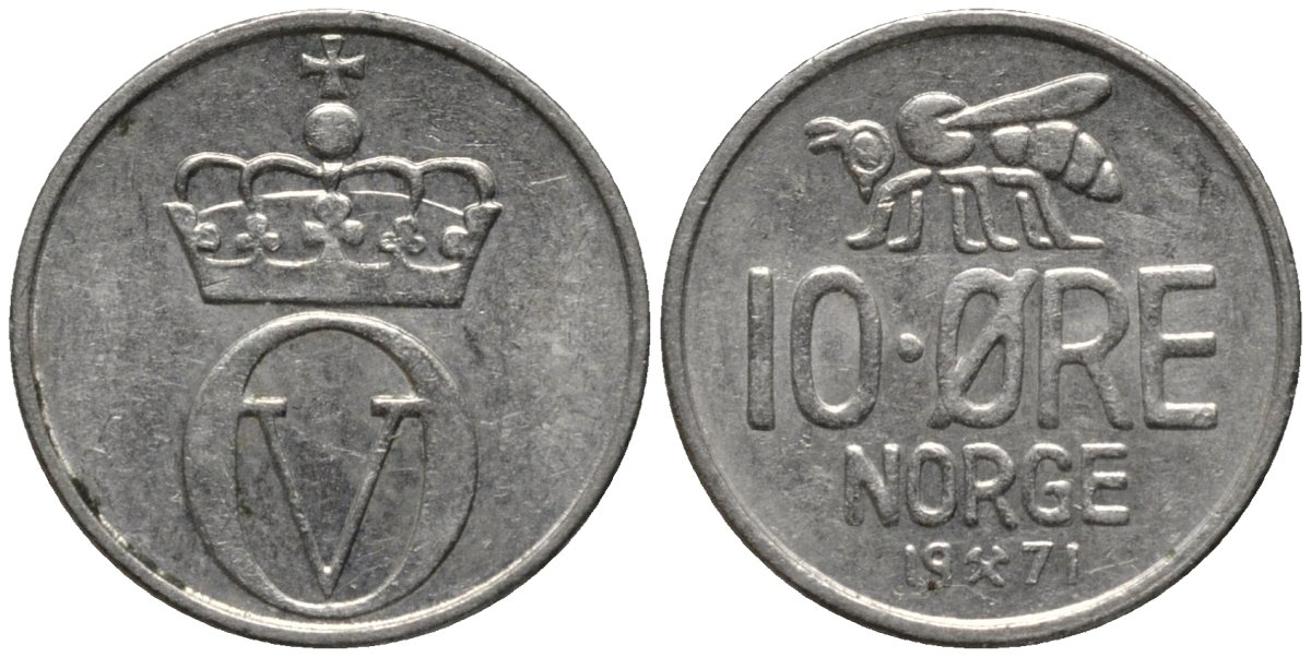 Норвегия 10 эре 1971 пчела, Улаф V KM 411 медно-никель 211-847