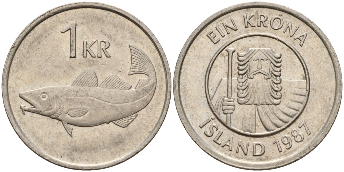 Исландия 1 крона 1987 треска KM 27 медно-никель 4141-147