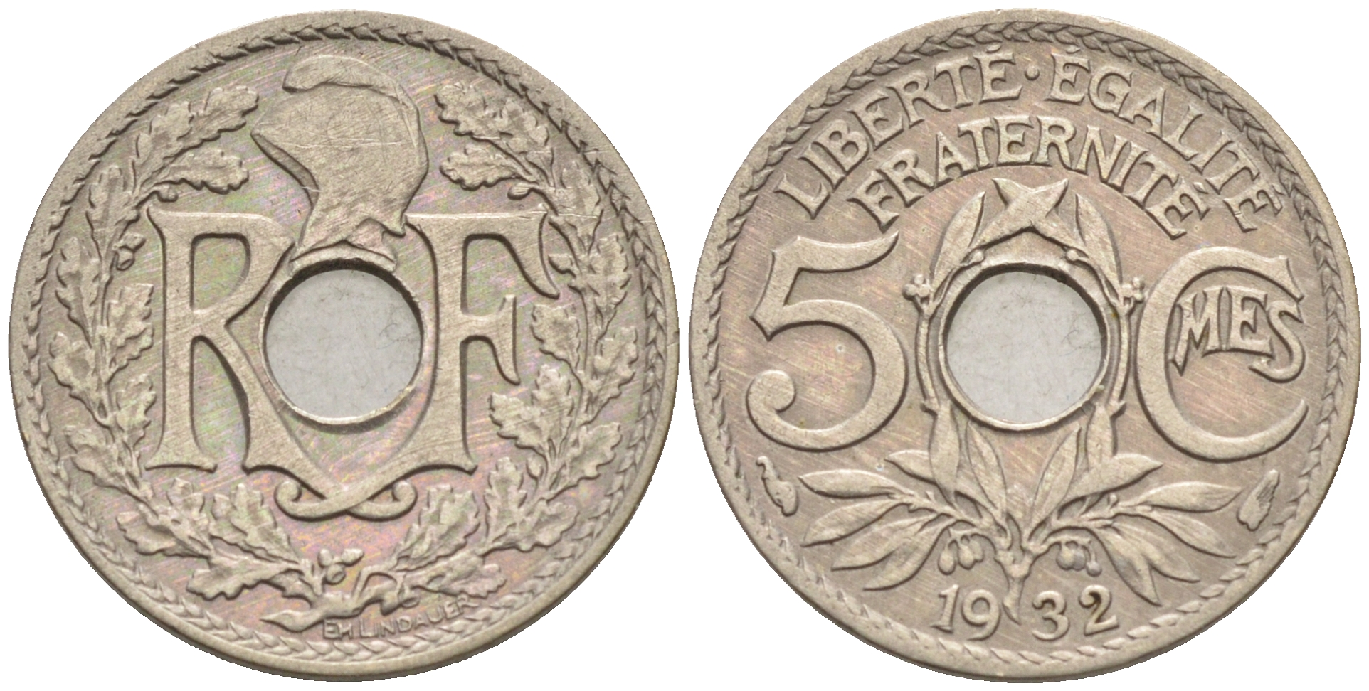 Франция 5 сантимов 1932 тип Линдайё KM 875 медно-никель    4594-1146