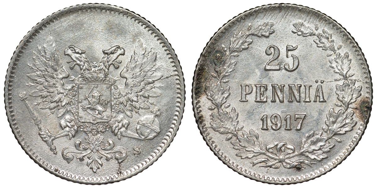 Россия для Финляндии 25 пенни 1917 S, временное правительство, без короны KM 19, Биткин 2 серебро аUNC 71-313