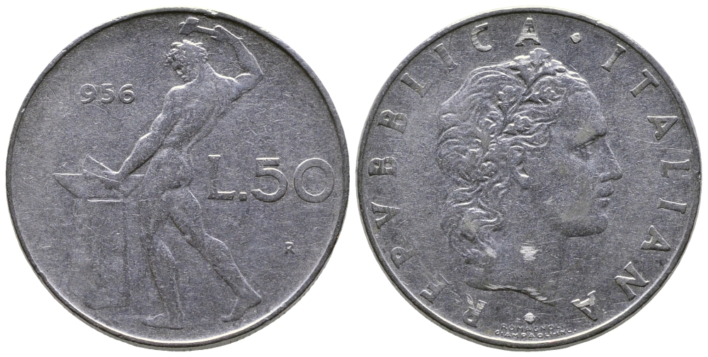 Италия 50 лир 1956 R, бог огня Вулкан у наковальни KM 95.1 нержавеющая сталь 85-115
