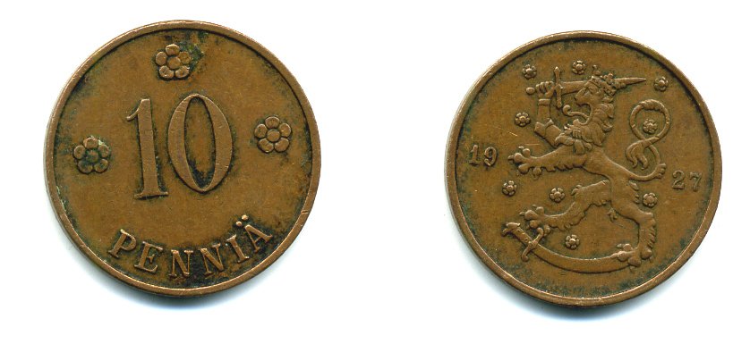 Финляндия 10 пенни 1927 республика (1918-1962) KM 24 медь 46-1554