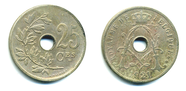 БЕЛЬГИЯ 25 САНТИМОВ 1921 BELGIQUE KM 68.1 медно-никель 59-1623