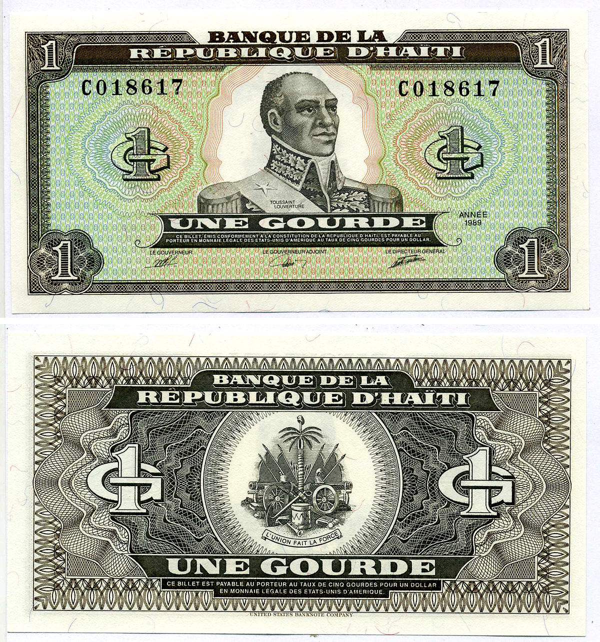 Гаити 1 гурд 1989 Франсуа-Доминик Туссен Овертур (20 мая 1743 - 8 апреля 1803), USBC Pick 253а бумага UNC (пресс) 2197-24-3-2