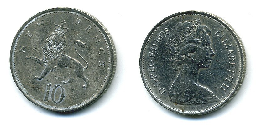 Великобритания 10 пенсов 1976 Елизавета II (1952-2022) KM 912, Spink 4231 (F1) медно-никель  4110-1415