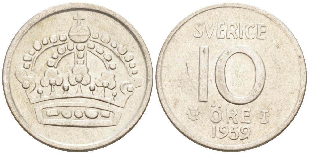 Швеция 10 эре 1959 TS, Густав VI Адольф (1950-1973) KM 823 серебро 192-151