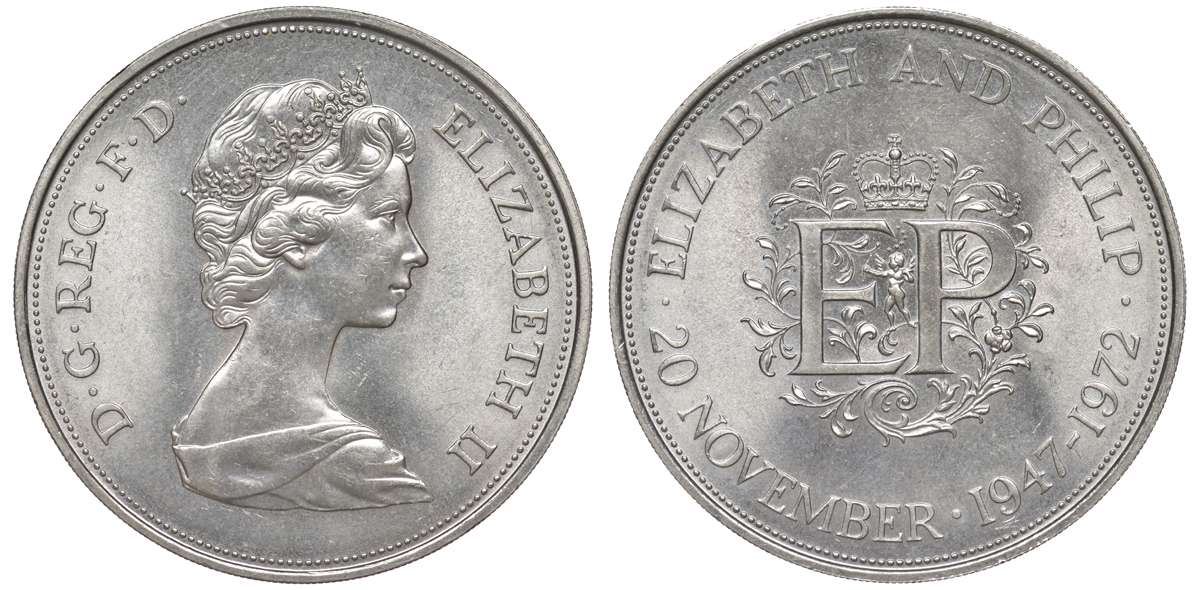 Великобритания 25 пенсов 1972 25 лет со дня свадьбы Елизавтеы II И Филлипа (1947-1972, серебрянная свадьба), Елизавета II (1952-2022) KM 917, Spink 4226 медно-никель 118-1023