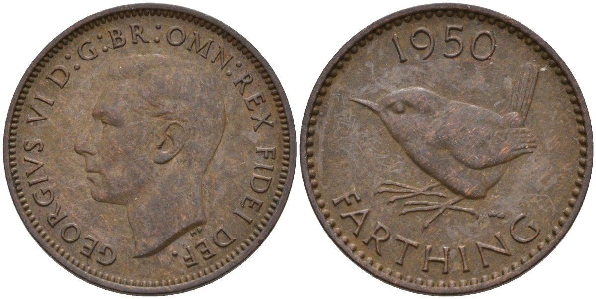 Великобритания 1 фартинг 1950 Георг VI (1936-1952) KM 867, Spink 4119 бронза 4596-1026