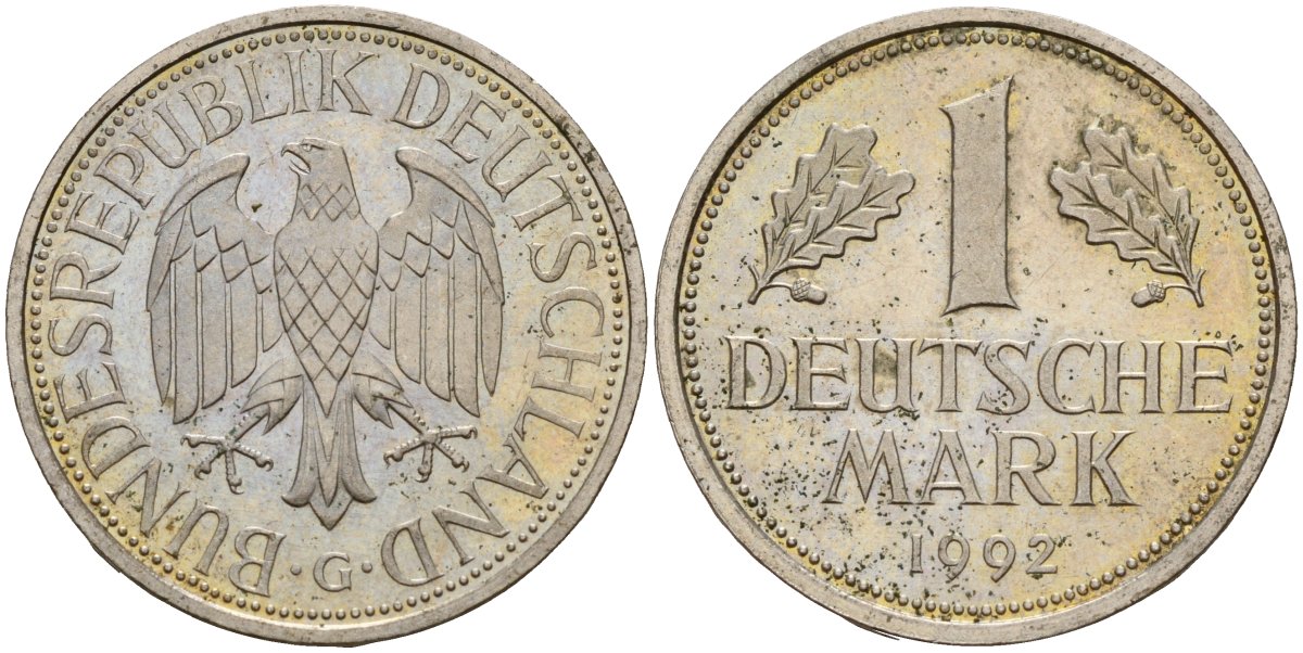 ФРГ 1 марка 1992 G KM 110, J. 385 медно-никель 4187-1117