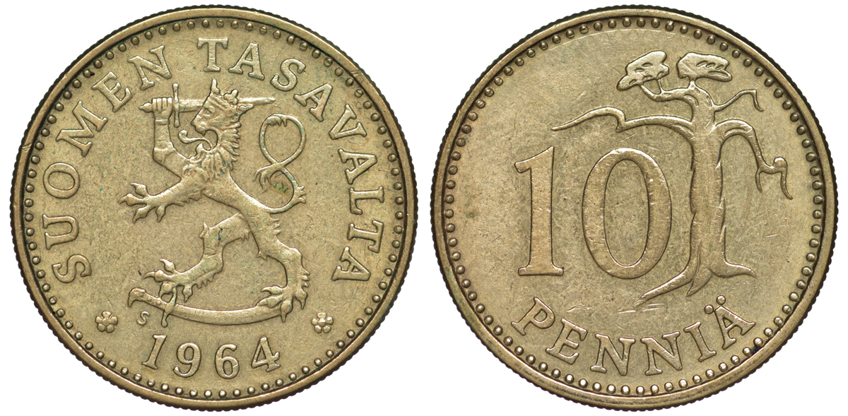 ФИНЛЯНДИЯ 10 ПЕННИ 1964 S KM 46 алюминиевая бронза 3334-1119