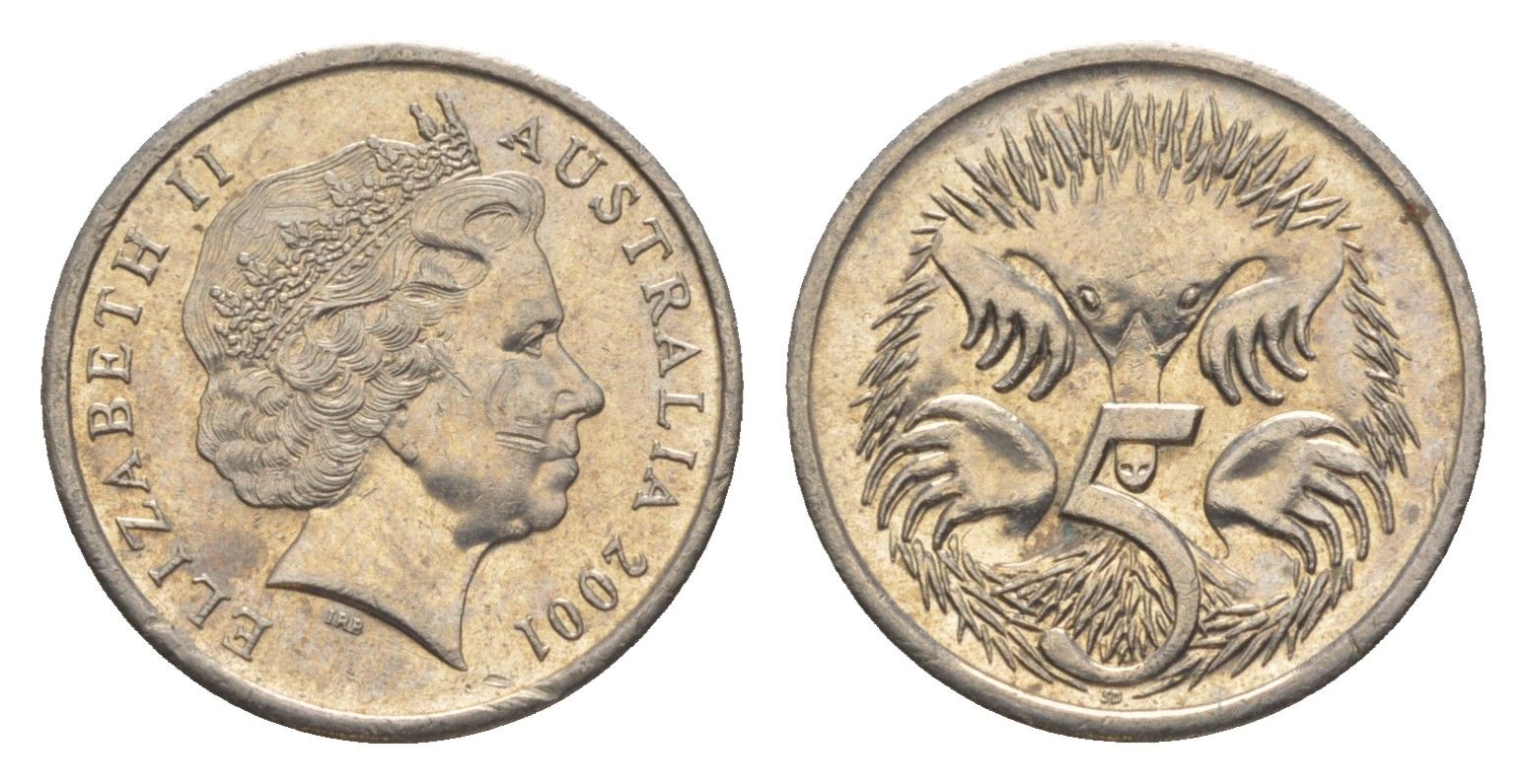 Австралия 5 центов 2001 Елизавета II (1952-2022), ехидна KM 401 медно-никель 4154-232