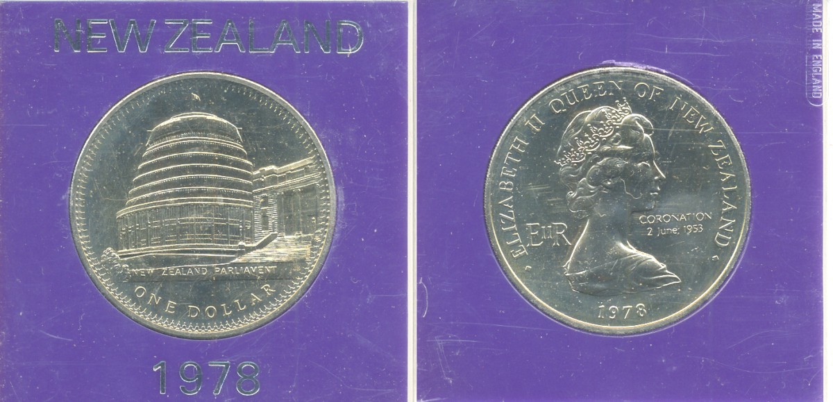 Новая Зеландия 1 доллар 1978 25 лет коронации Елизаветы II и открытие здания Парламента, Елизавета II (1952-2022), в оригинальной пластиковой упаковке KM 47 медно-никель UNC 06-059-11