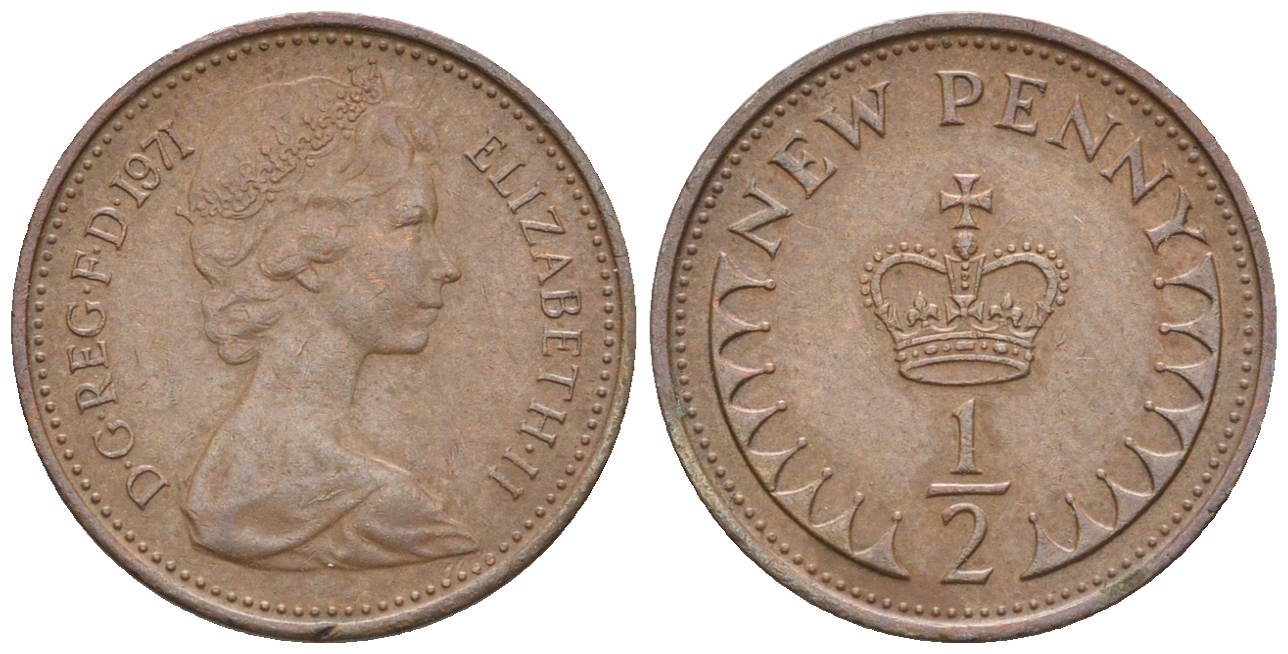Великобритания 1/2 пенни 1971 Елизавета II (1952-2022) KM 914, Spink 4239 бронза 4609-957