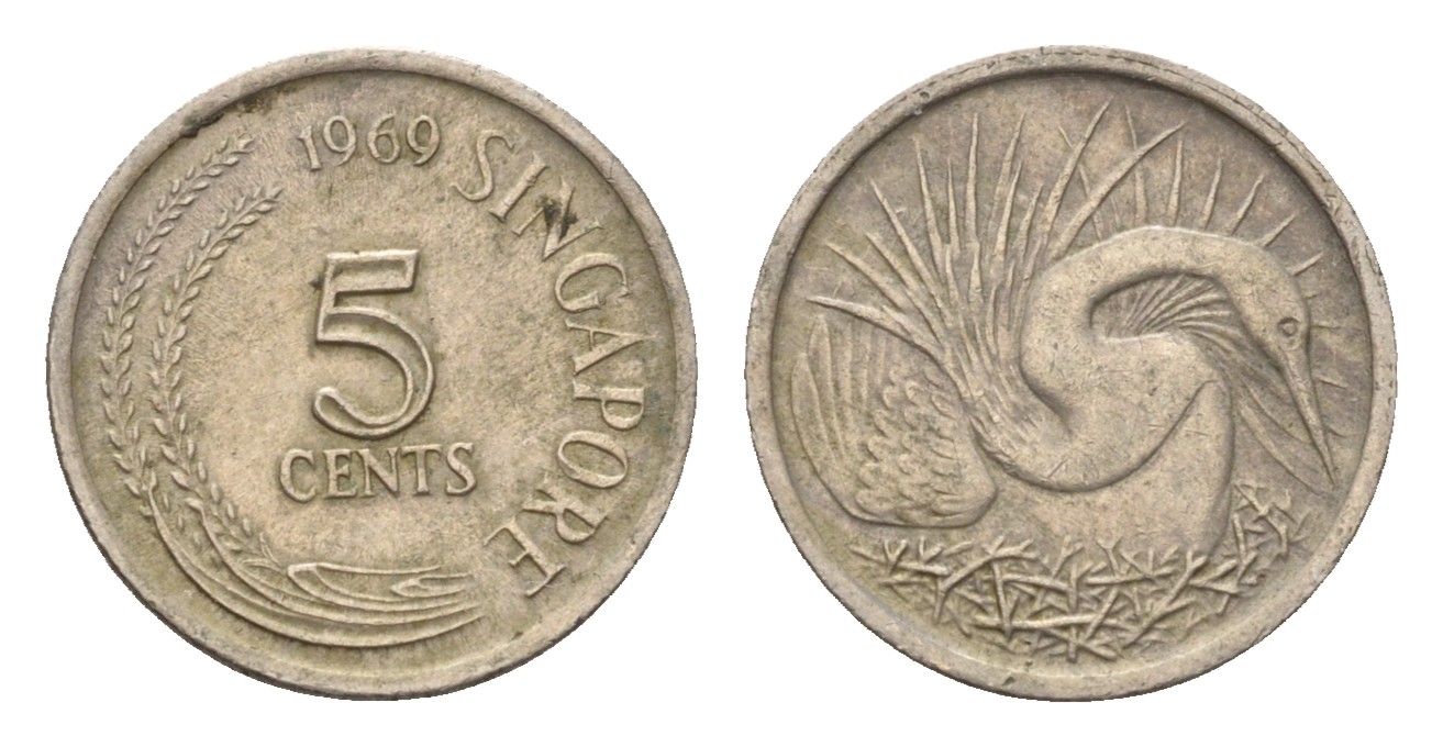 Сингапур 5 центов 1969 большая белая цапля KM 2 медно-никель 4549-539