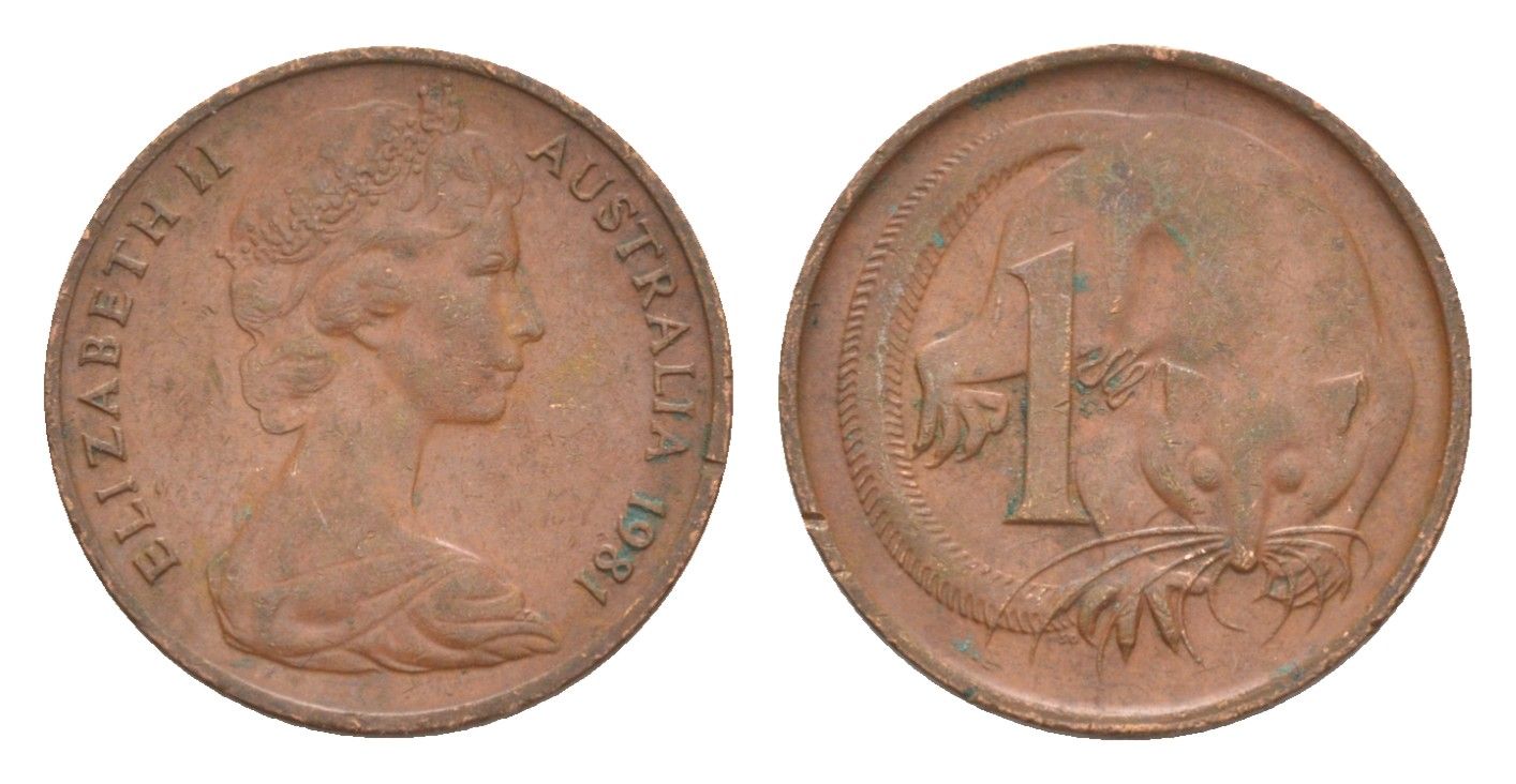 Австралия 1 цент 1981 Елизавета II (1952-2022), молодой портрет, опоссум KM 62 бронза 4585-643