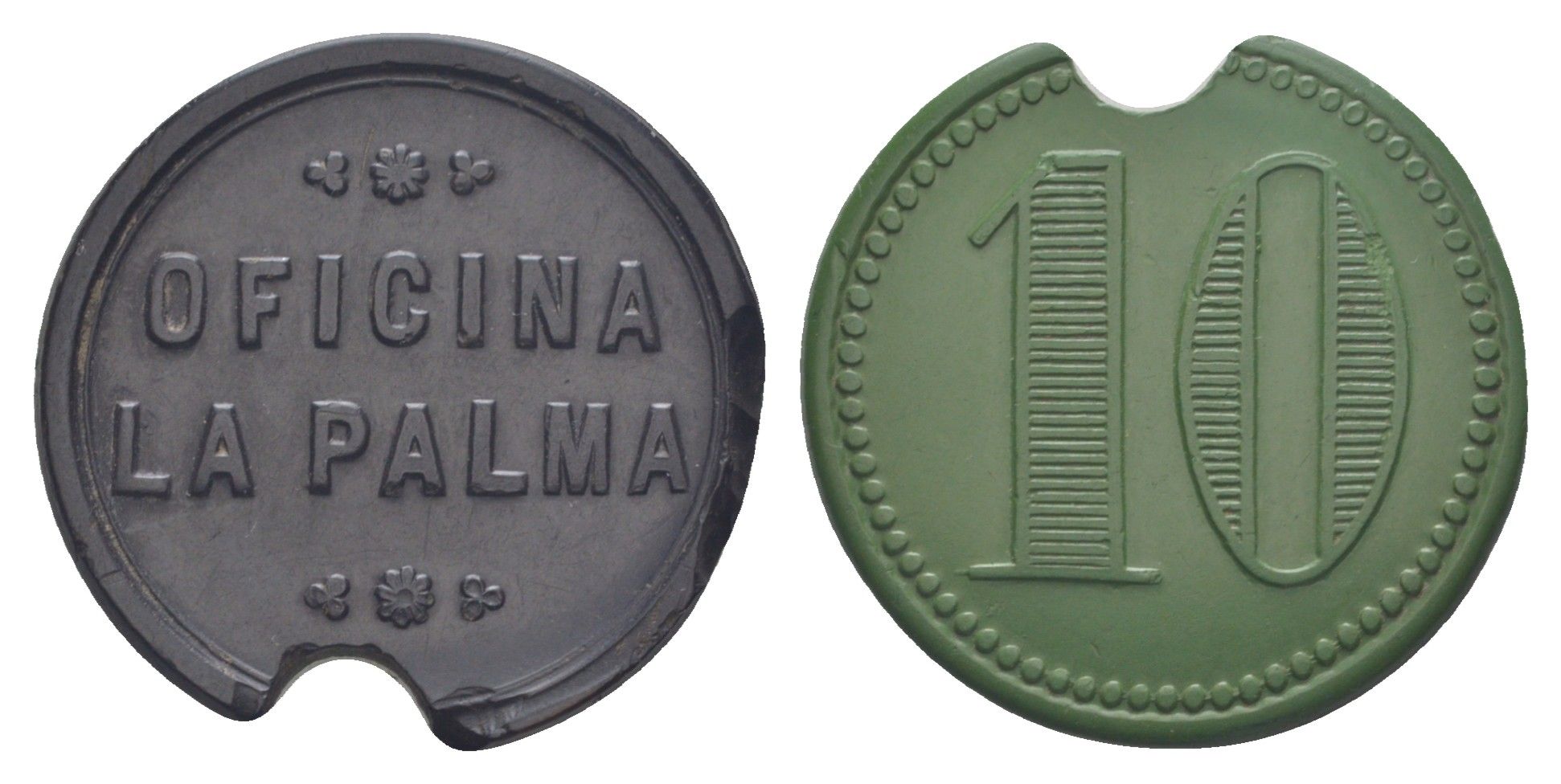 Чили, Пальма (La Palma), Посо-Альмонте шахтерский жетон с Селитряного рудника для покупки в местных магазинах, номиналом в 10 сентаво 1880-1920 диаметр 30 мм, вес 2,17 гр Espinosa 163.8 эбонит (зеленый и черный) 1094-2-63