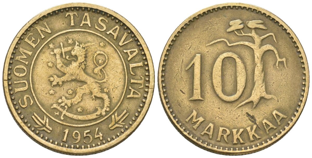 Финляндия 10 марок 1954 H KM 38 алюминиевая бронза 4169-712