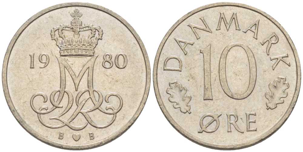 Дания 10 эре 1980 Маргрете II (1972-2024) KM 860.2 медно-никель 4387-1225