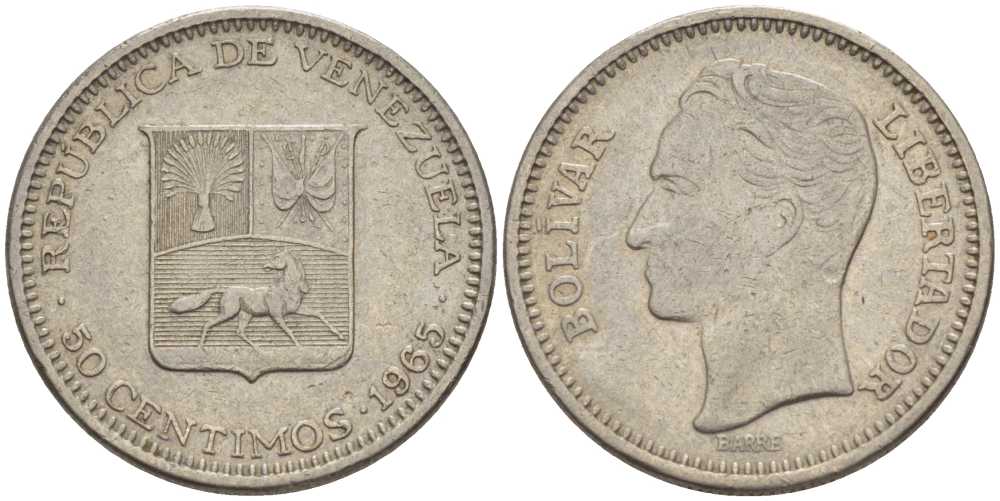 Венесуэла 50 сентимо 1965 Симон Боливар KM 41, Schon 51 никель 105-828