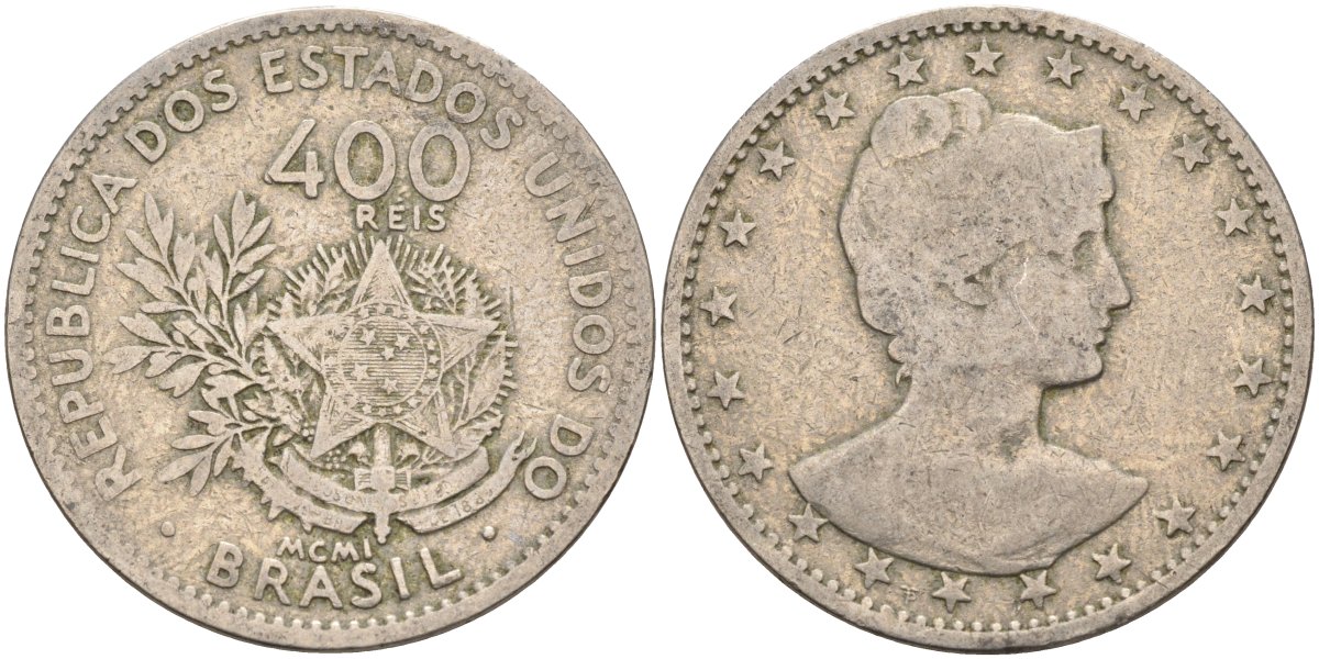 Бразилия 400 рейс 1901 голова свободы вправо KM 505 медно-никель 4367-146