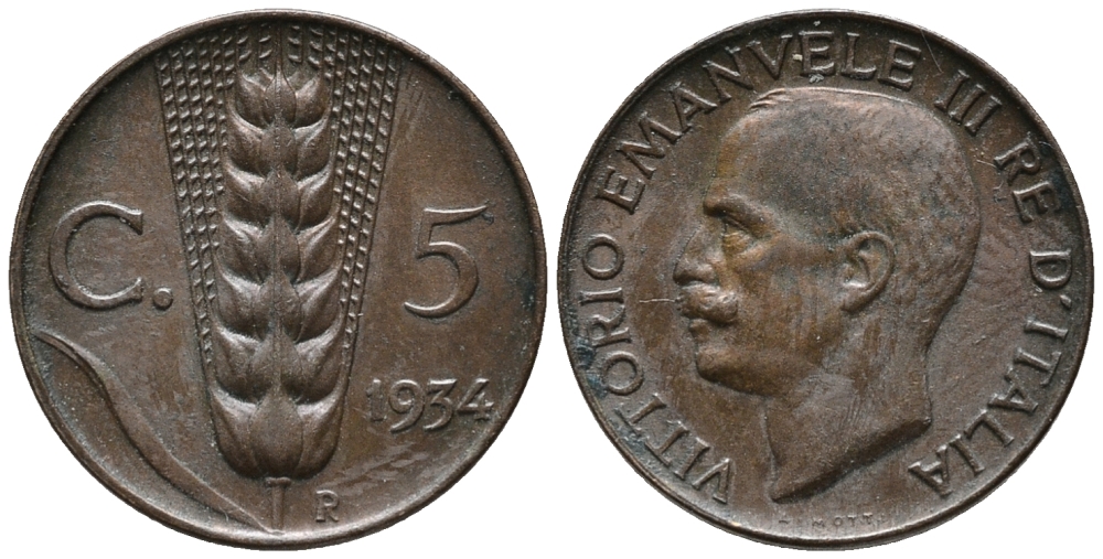 ИТАЛИЯ 5 ЧЕНТЕЗИМО 1934 R, ВИКТОР ИМАНУИЛ III. КОЛОС KM 59 медь 66-129