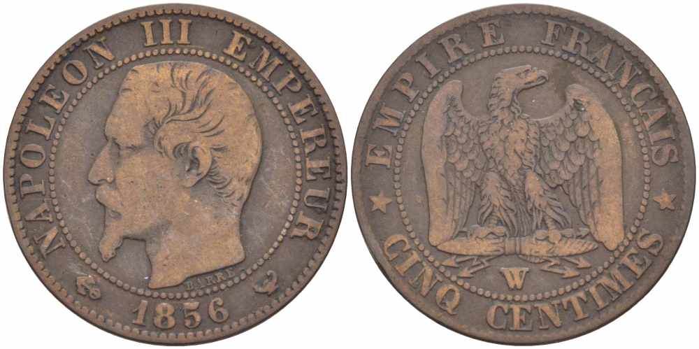 ФРАНЦИЯ 5 САНТИМОВ 1856 W, НАПОЛЕОН III (1852-1870) KM 777.7, LE FRANC 116.36 бронза 108-355