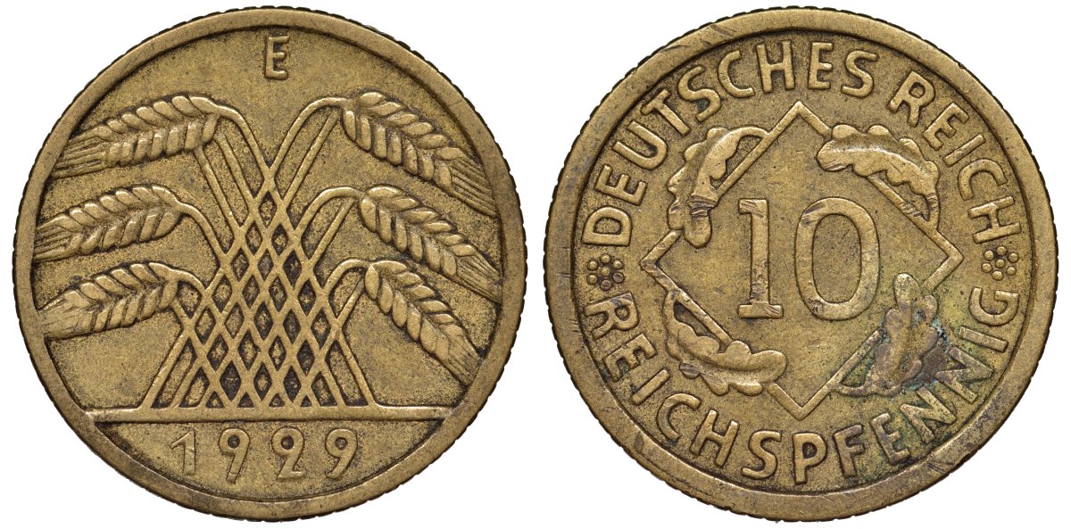 Германия 10 рейхспфеннигов 1929 E - Мульденхюттен KM 40 алюминиевая бронза 4176-113