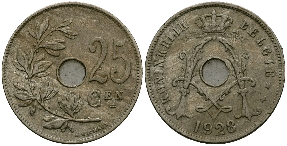 Бельгия 25 сантимов 1928 Belgie KM 69 медно-никель 4131-812
