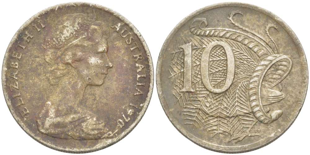 Австралия 10 центов 1970 Елизавета II (1952-), птица лирахвост KM 65 медно-никель 4521-216