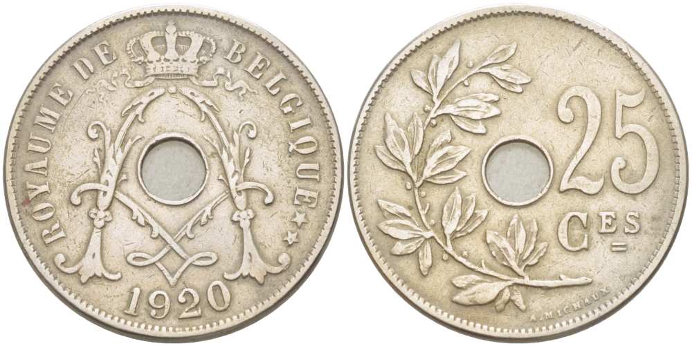 БЕЛЬГИЯ 25 САНТИМОВ 1920 BELGIQUE KM 68.1 медно-никель 210-1054