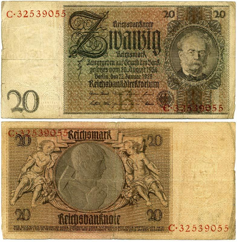 ГЕРМАНИЯ 20 РЕЙХСМАРОК 1929 Pick 181a бумага 3295-80-3