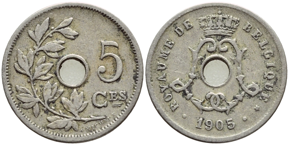 БЕЛЬГИЯ 5 САНТИМОВ 1905 BELGIQUE KM 54 медно-никель 4396-354
