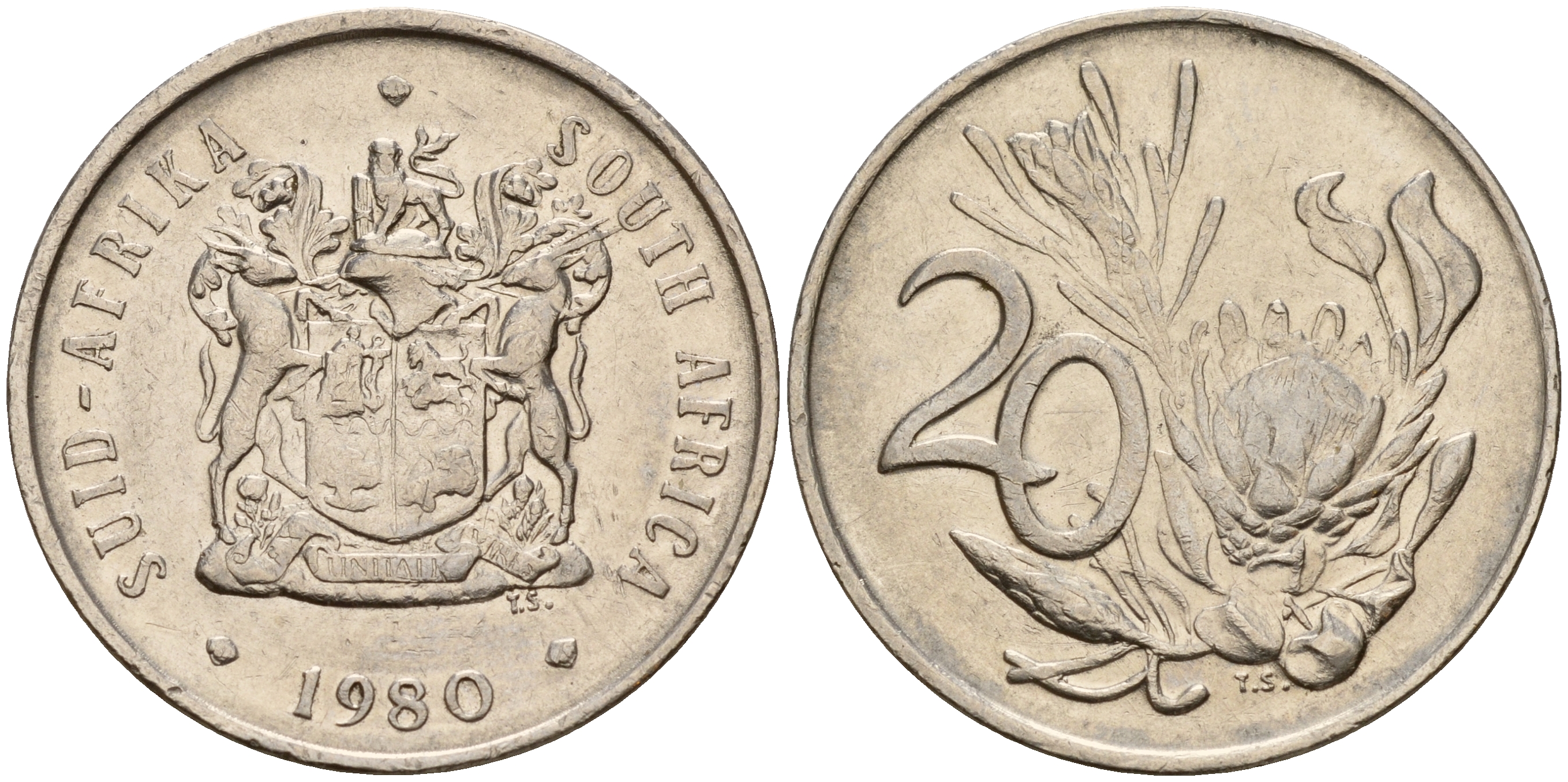 ЮАР 20 центов 1980 герб, цветок протея KM 86  никель    4601-912