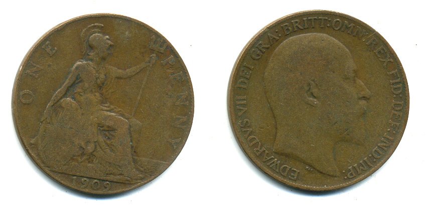 Великобритания 1 пенни 1909 Эдуард VII (1901-1910) KM 794.2, Spink 3990 бронза 47-731