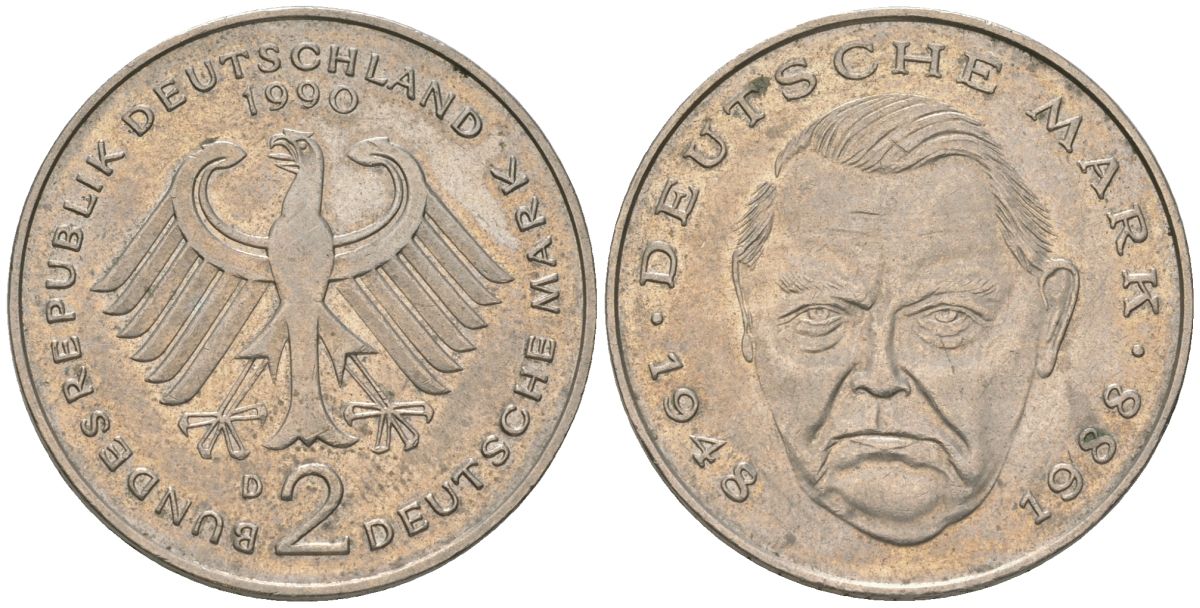 ФРГ 2 марки 1990 D, Людвиг Эрхард, 40 лет Федеративной Республике KM 170 медно-никель 4574-225