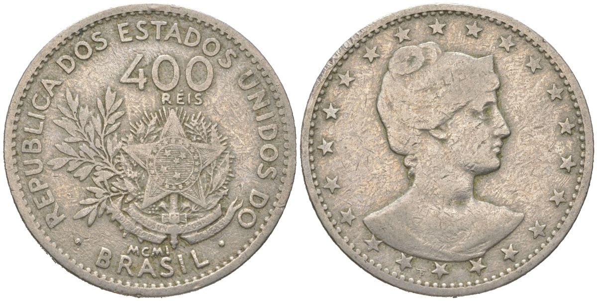 Бразилия 400 реалов 1901 MCMI, голова свободы вправо KM 505 медно-никель 4612-427